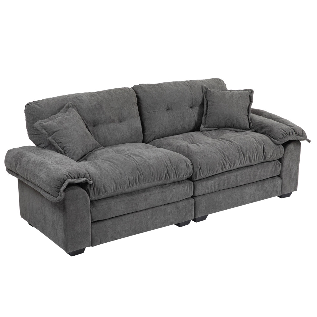 Divano diritto in chenille con seduta profonda e cuscini a doppio strato per salotto grigio 214 × 89 × 93 cm