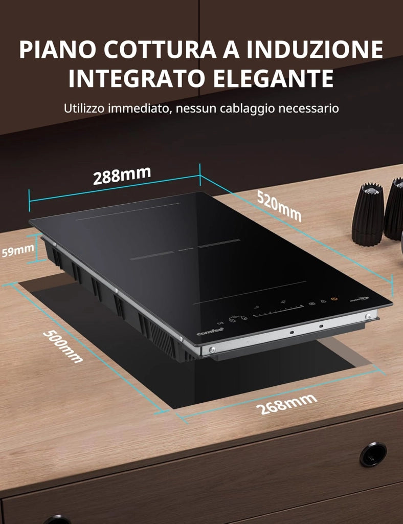 Comfee' cih351d215k1 piano cottura ad induzione con 2 zone flessibili, 9 livelli di potenza con funzione boost, superficie di cottura 20% maggiore, blocco bambino, controllo a tocco