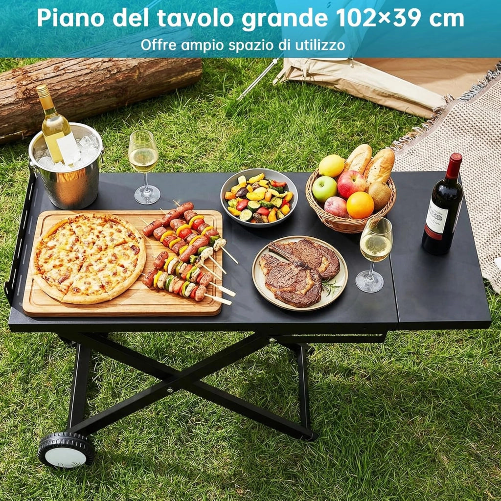 Carrello Barbecue Pieghevole con Ripiano Staccabile, 102x39cm Supporto Portatile con 2 Ruote, Tavolo Stabile per BBQ, per Esterno da Campeggio, Picnic e Giardino, Montaggio Facile, Nero
