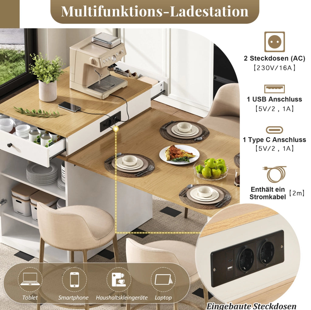 Isola da cucina con tavolo estensibile e prese integrate; MDF e vetro; bianco e naturale
