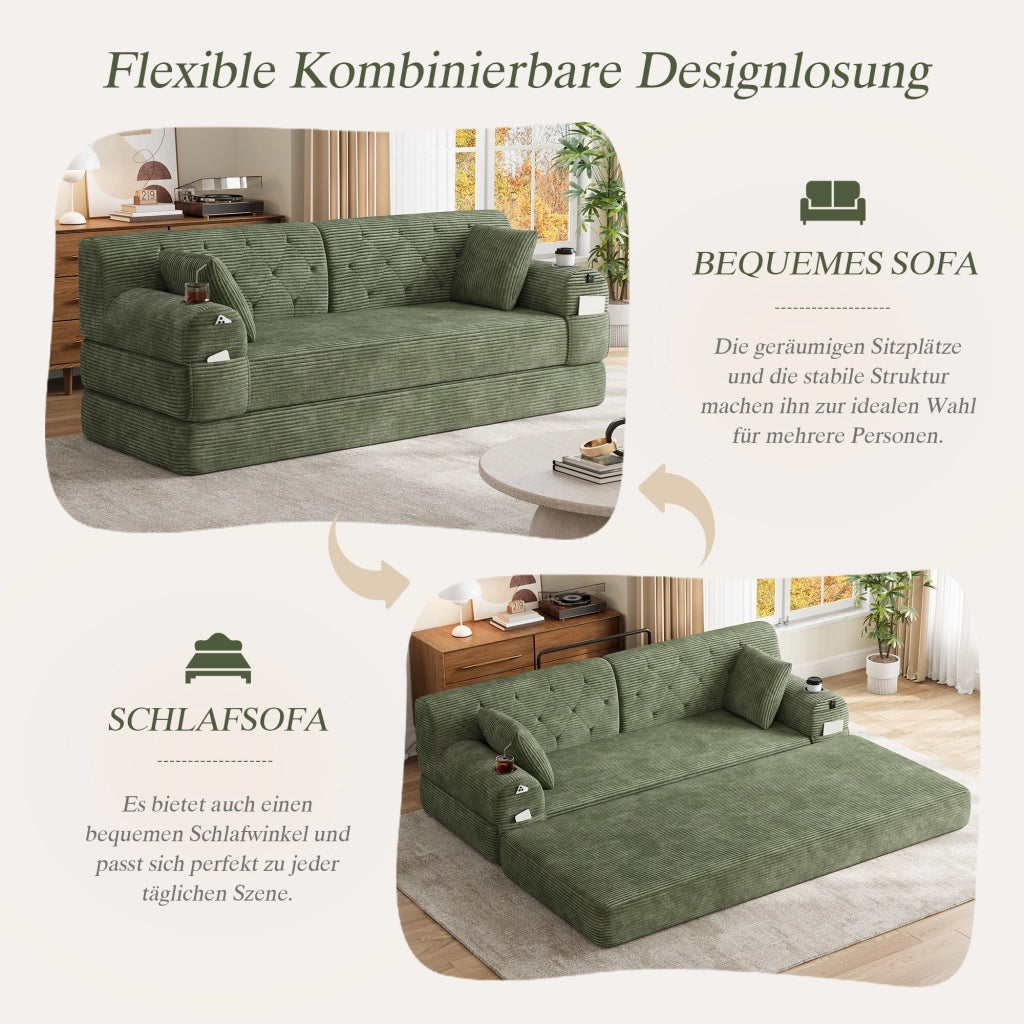 Divano letto a 3 posti in velluto a coste con schienale alto e 4 tasche laterali verde 208 × 80 × 81 cm