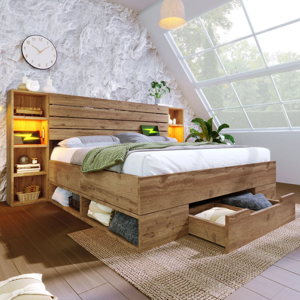Letto matrimoniale con contenitore, luci LED e porte USB/Type-C, quercia, 160 x 200 cm