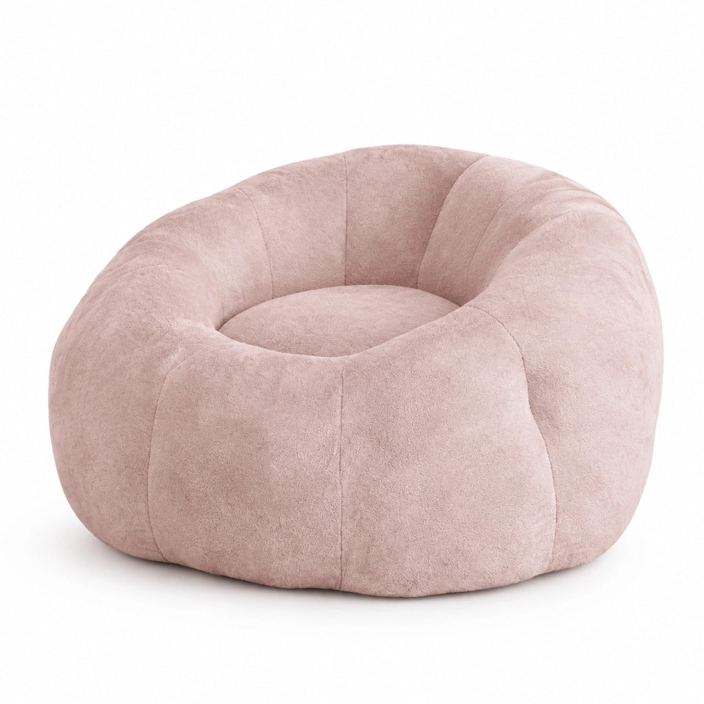Poltrona sacco rotonda rosa in flanella; base stabile per relax