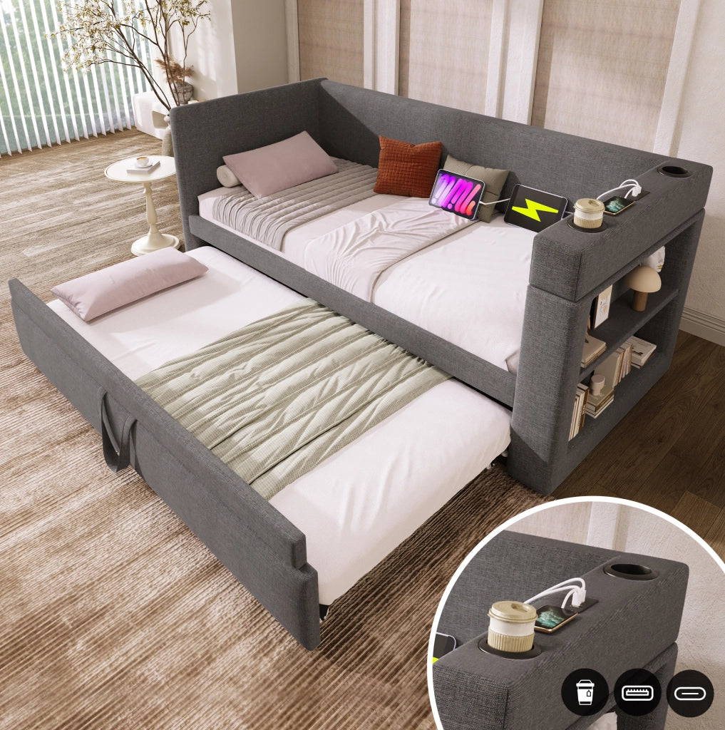 Divano letto con letto estraibile 90x190 cm; 3 USB; Type-C; grigio