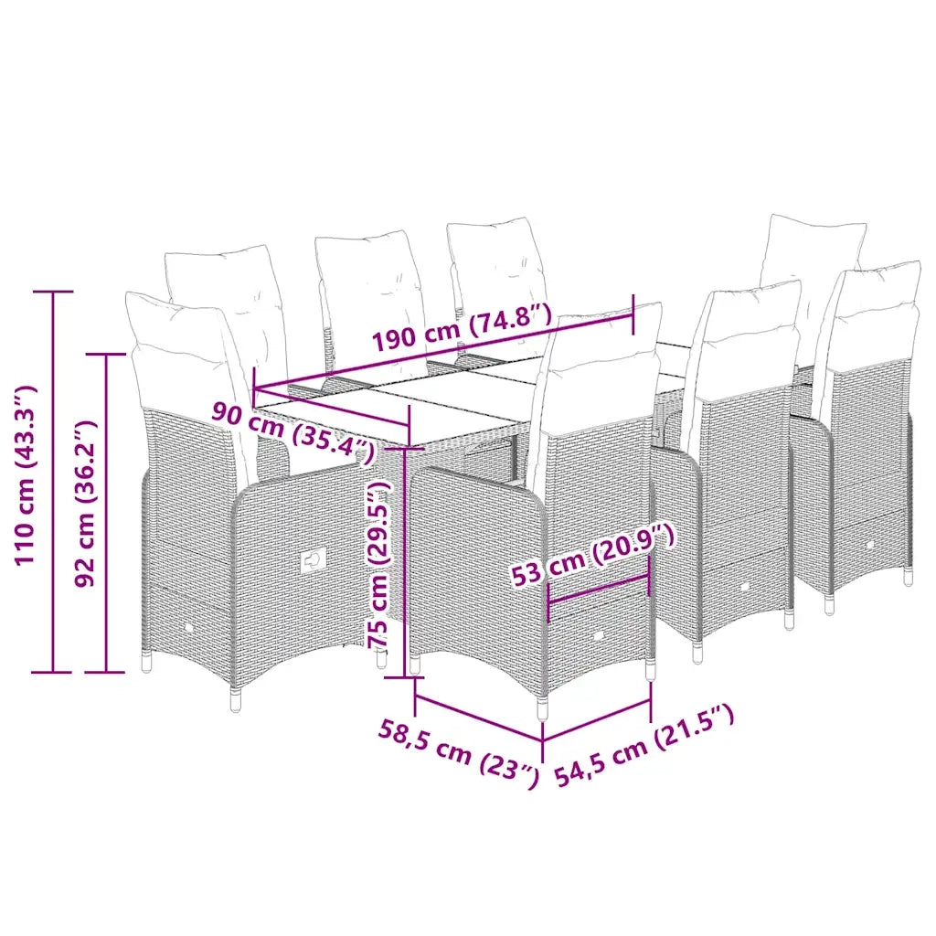 Set BistrÃ² da Giardino 9 pz con Cuscini in Polyrattan Grigio