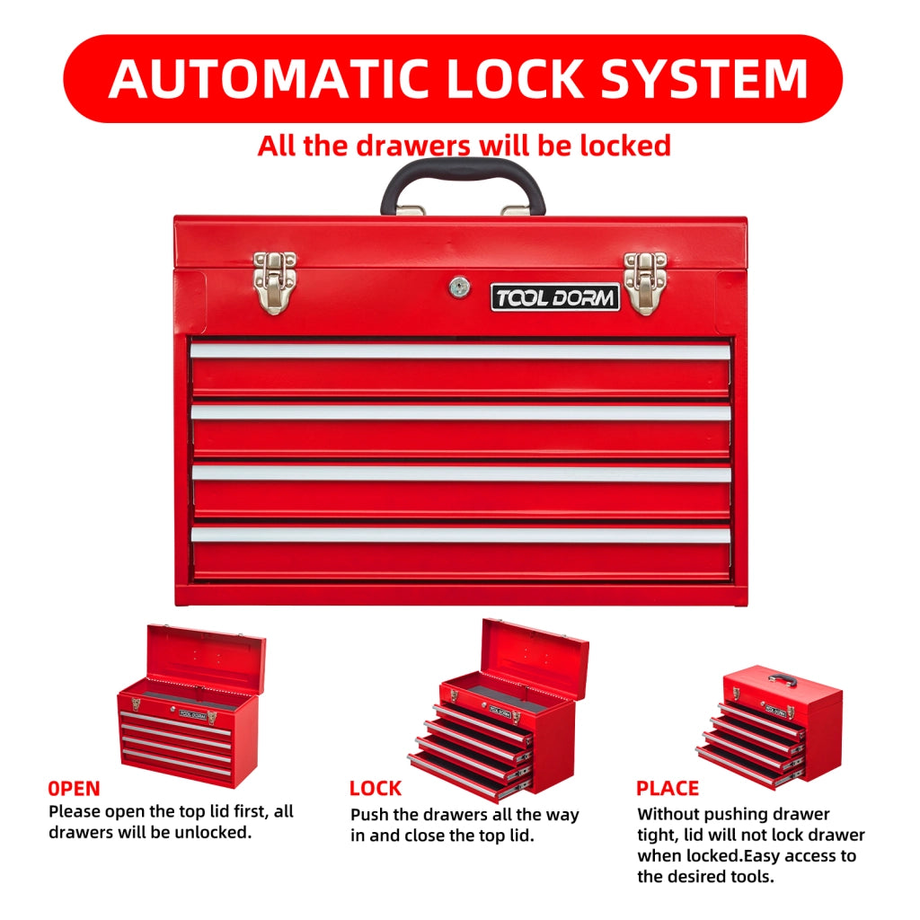 Baule da giardino in acciaio con 4 cassetti, coperchio superiore, guide a sfere, chiusure metalliche e maniglia, rosso