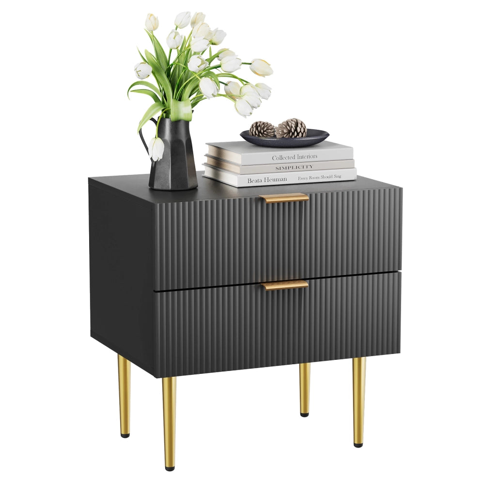 Comodino nero 53 x 41,5 x 52,5 cm, 2 cassetti, MDF e metallo