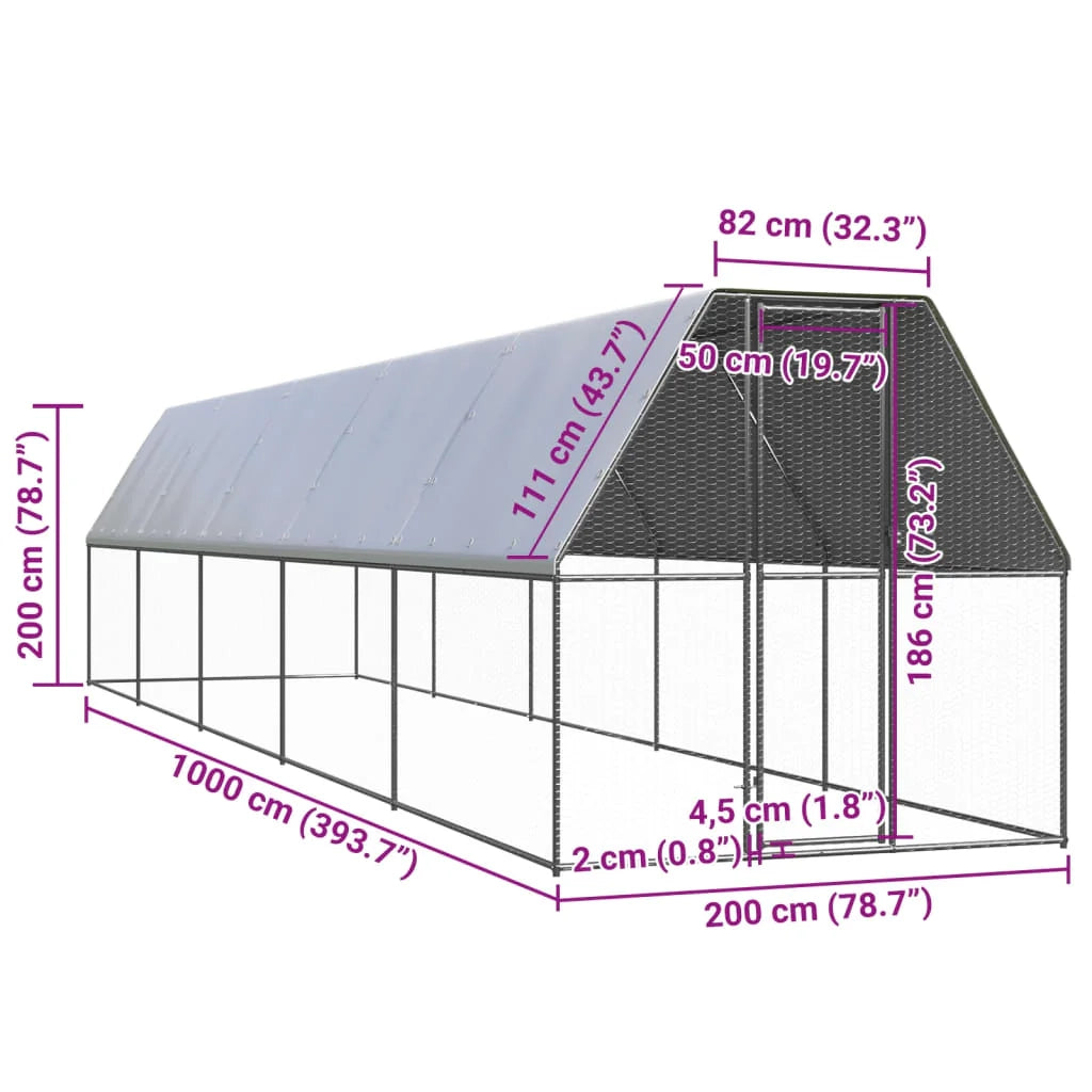 Pollaio/recinto/gabbia per polli da esterno 2 x 10 x 2 m acciaio zincato argento 02_0043991