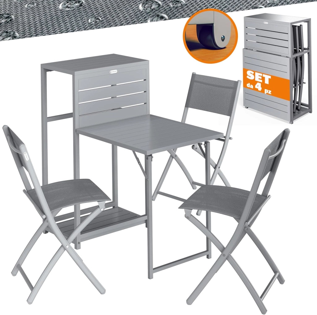 ® Set di Mobili Balcone 3 Sedie Tavolo Pieghevole Salvaspazio in Acciaio Verniciato Salottino Giardino Terrazze Grigio