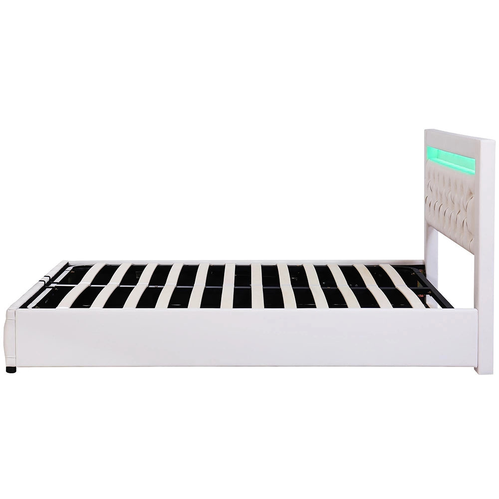 Letto imbottito 140x190 cm - Xylo - Bianco, struttura a doghe, spazio di archiviazione idraulico, illuminazione LED, materiale PU