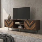 TV lowboard 155x38x48 cm con 2 ante, griglie oro e piedi in ferro, colore legno naturale