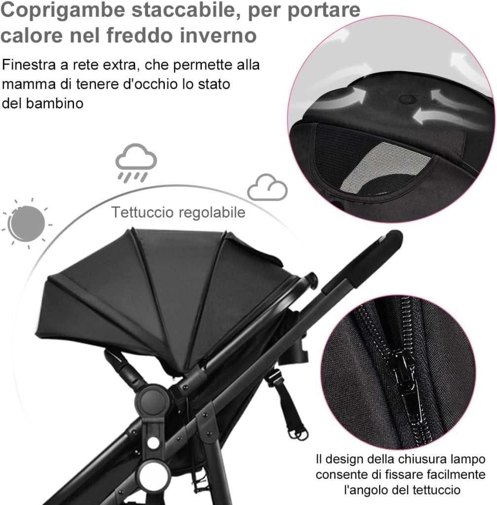 2 in 1 Passeggino per Bambini, Passeggino Pieghevole con Sedile Reversibile, Schienale Regolabile, Passeggino Leggero con Cintura di Sicurezza, Copertura, per Bambini 0-3 Anni (Nero)