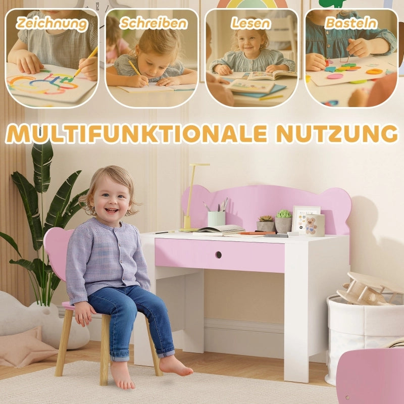 Set scrivania per bambini con piano e cassetto, scrivania e sedia per bambini a forma di orso, scrivania per studenti, scrivania per bambini,