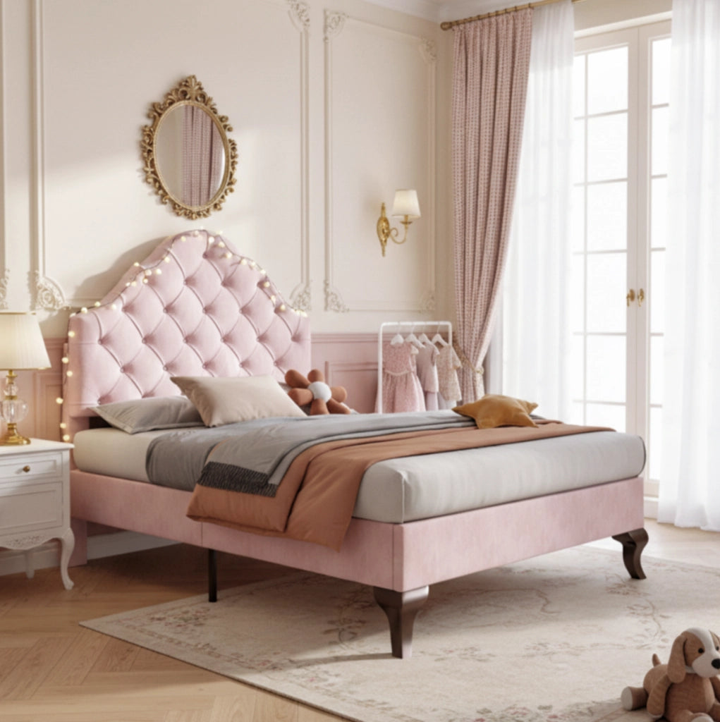 Letto imbottito 90x200 con testiera regolabile in velluto rosa