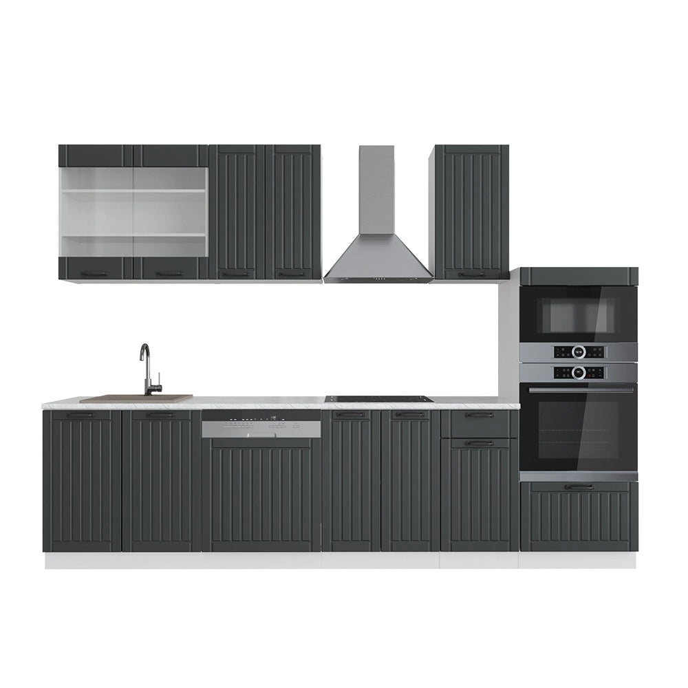 Cucina componibile Fame-Line Antracite rustico/Bianco 300 cm con armadio alto, PL Marmo Vicco