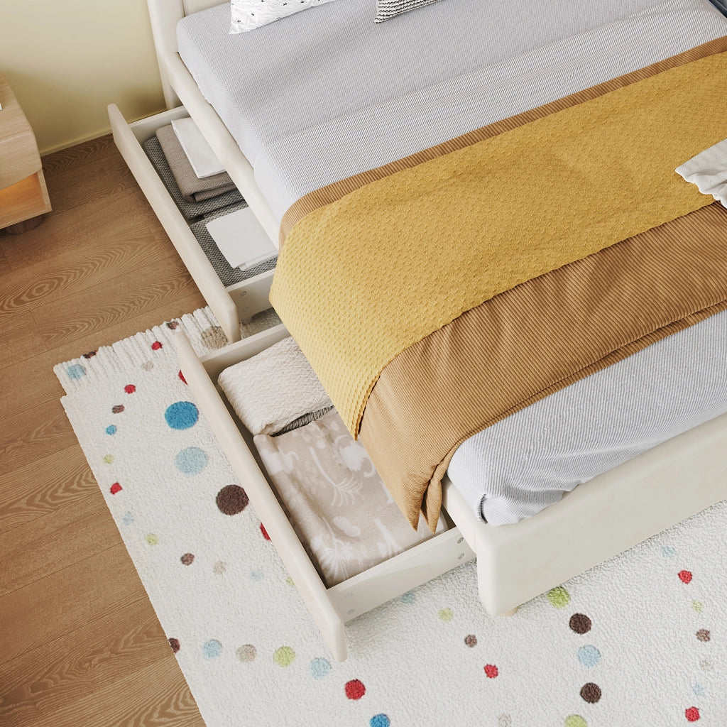 Letto a casetta 140 × 200 cm con 4 cassetti imbottito rivestito in velluto francese beige
