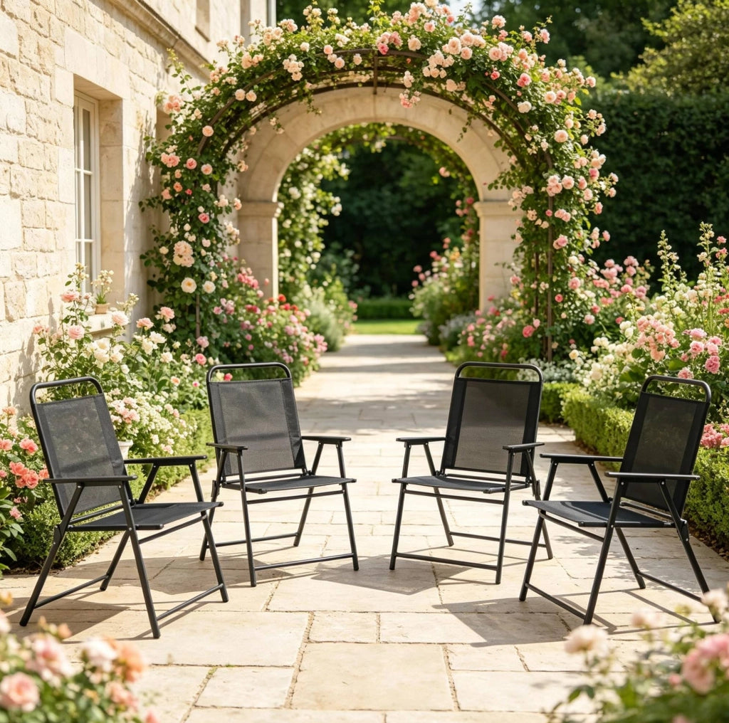 Set 4 sedie da giardino pieghevoli in acciaio e textilene nere; 65x60x94 cm