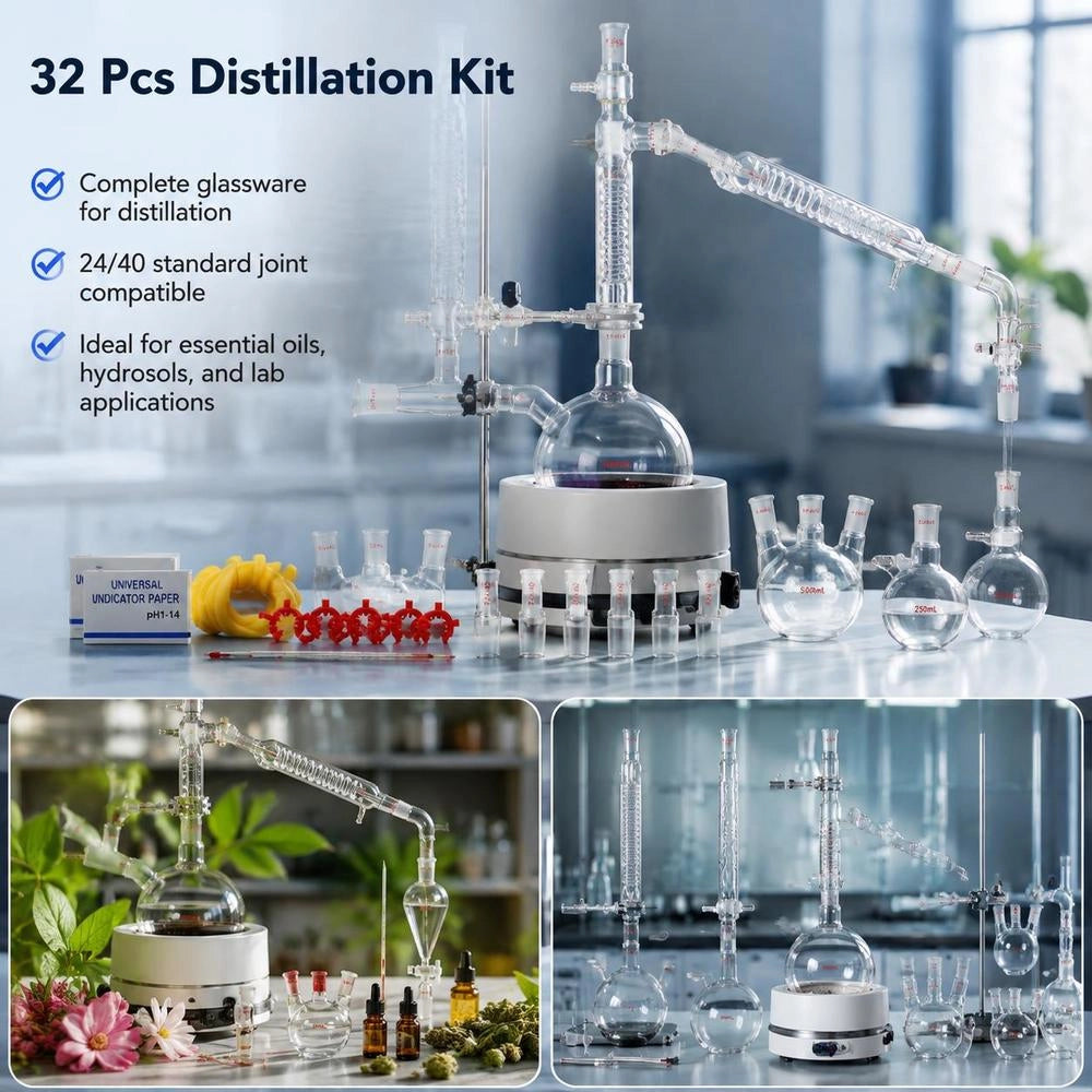 Laboratory Distillation Set, 3.3 Borosilicate Glass Laboratory Distillation Set With 24 And 40 Compounds, 1000 Ml Distillation Apparatus Set For Essential Oils, 32-piece Set With Glassware