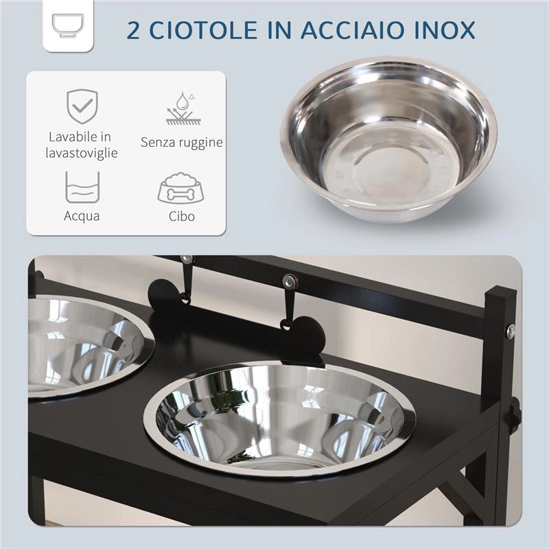 PORTACIOTOLE PER CANI RIALZATA CON ALTEZZA REGOLABILE, 2 CIOTOLE IN ACCIAIO DA 900ML, NERO