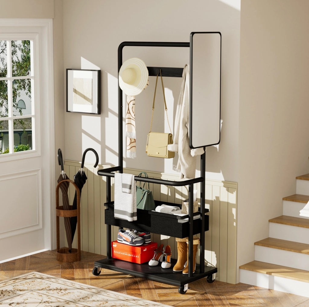 Appendiabiti multifunzione 3 in 1 con specchio; ruote e ripiano inferiore; 70x40x170 cm; nero