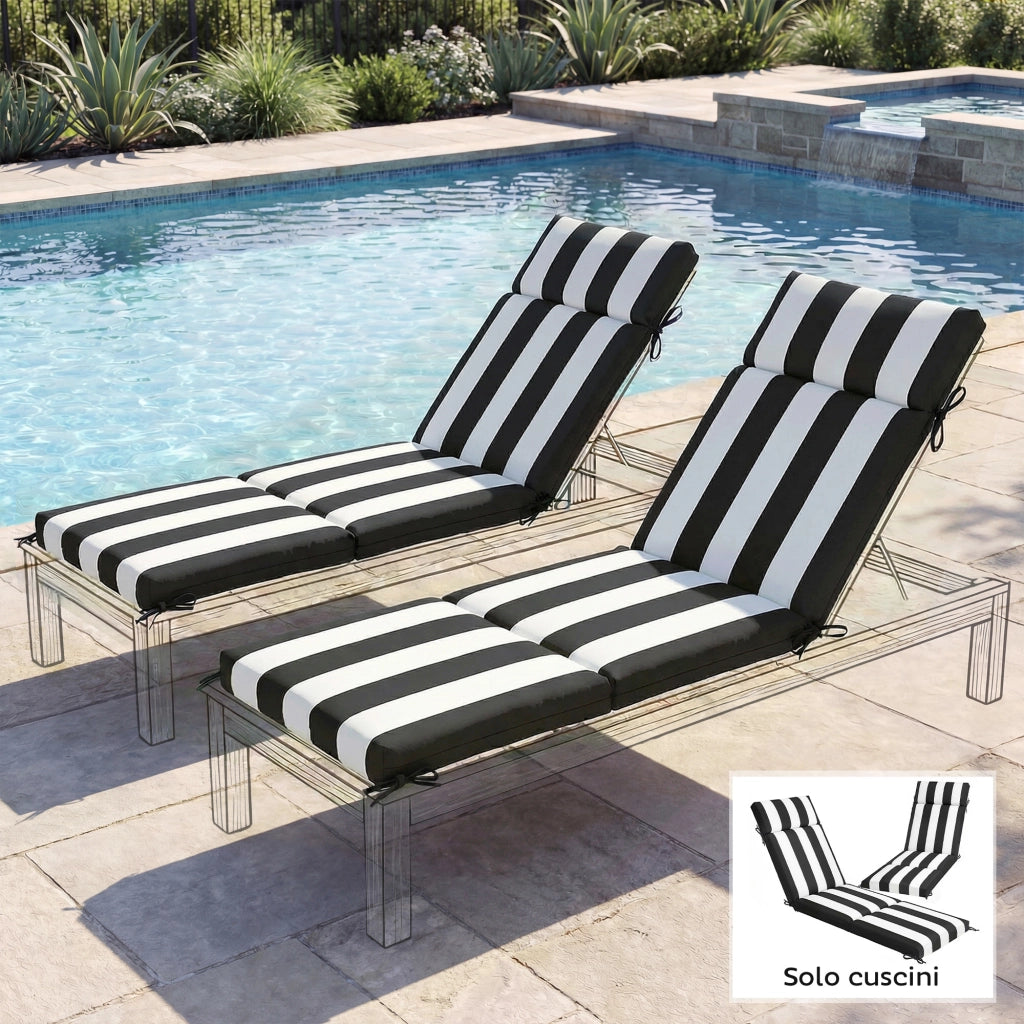 Set 2 Cuscini per Sedie da Esterno con 6 Lacci di Fissaggio, in Cotone, 183x54x6.5 cm, Nero e Bianco