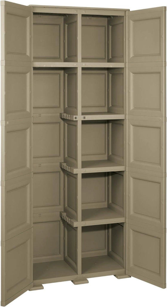 ARMADIO 2 ANTE TAUPE 79X43X203 CM CON 6 SCOMPARTI E VANO PORTASCOPA – MOBILE ALTO ORGANIZZAZIONE CASA PER INGRESSO E LAVANDERIA