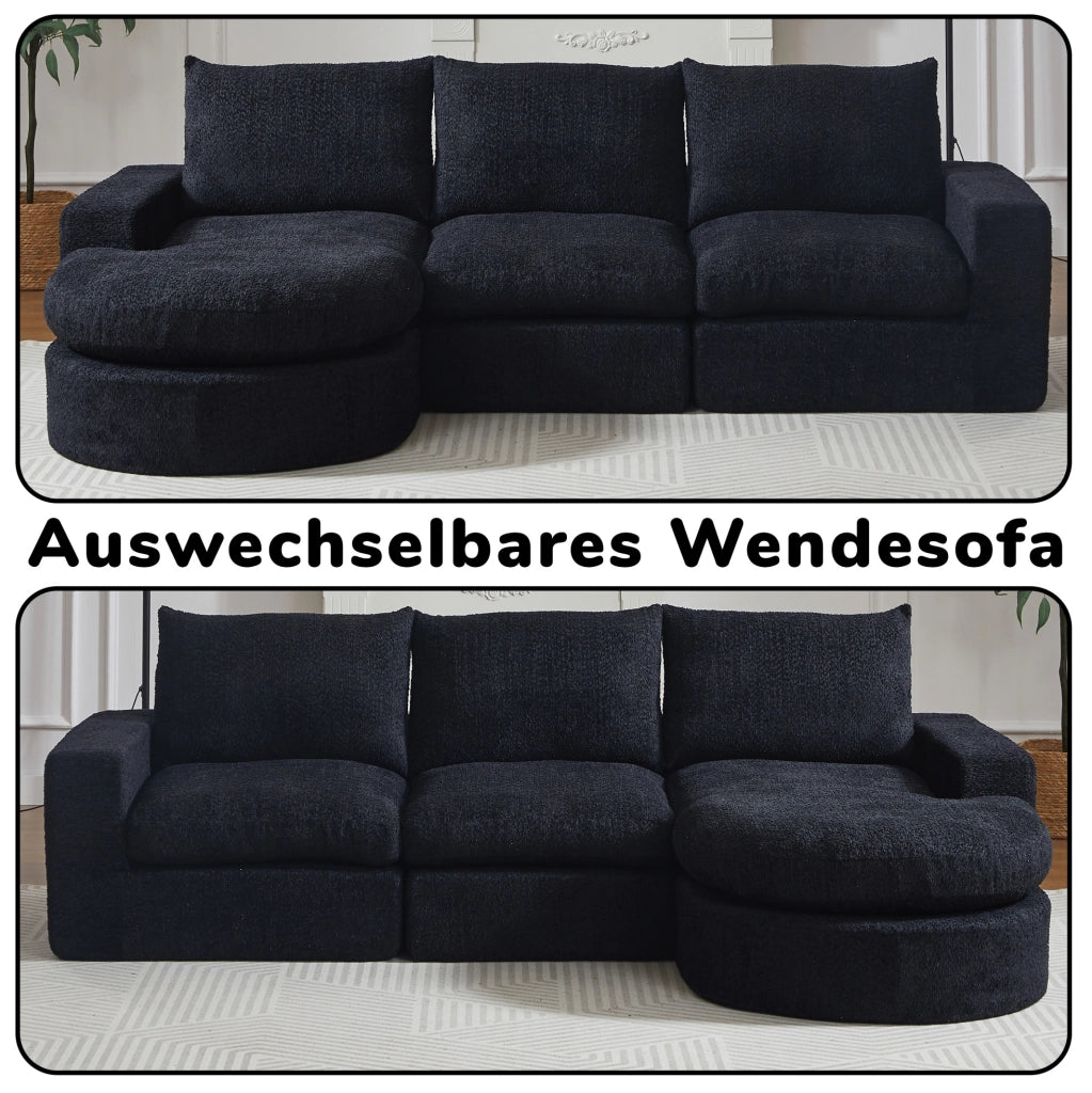 Divano modulare ULEVR 250x160 cm con chaise longue reversibile, 4 moduli e 3 cuscini in ciniglia nera