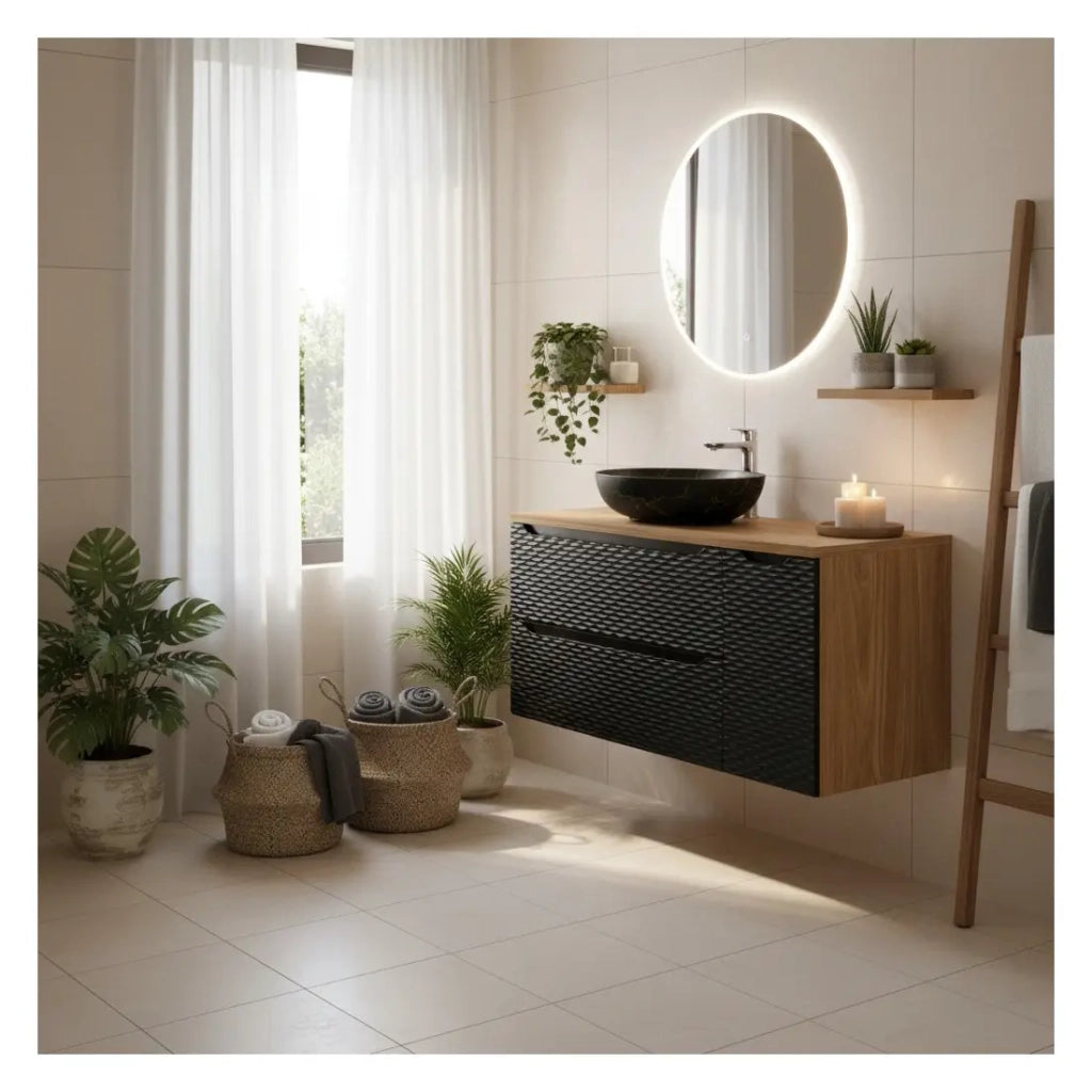 Set da bagno YOKA nero: mobile sotto lavabo 120 cm + piano per lavabo + lavabo da appoggio effetto marmo nero e oro