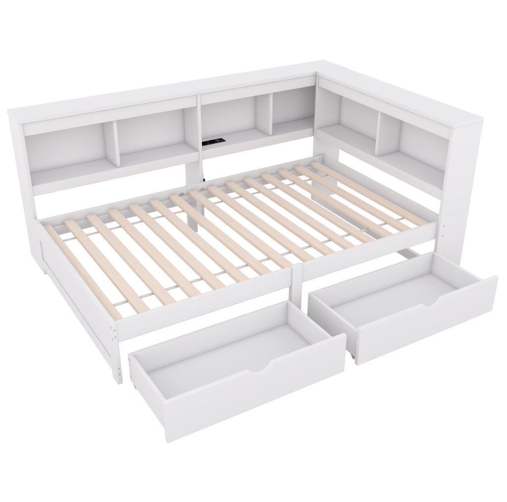 Divano letto 90x200 cm con 2 cassetti e prese USB; truciolare e MDF; bianco (Senza materasso)