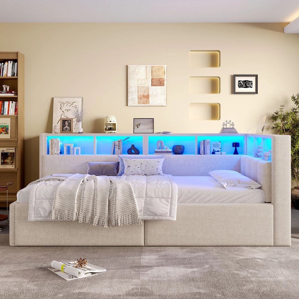 Letto Divanetto con Contenitore e LED ¨C Xylo ¨C Lino Beige 90x200 cm