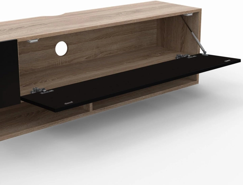 Mueble TV suspendido ELIO con estante de 2 puertas en madera y negro 180 cm