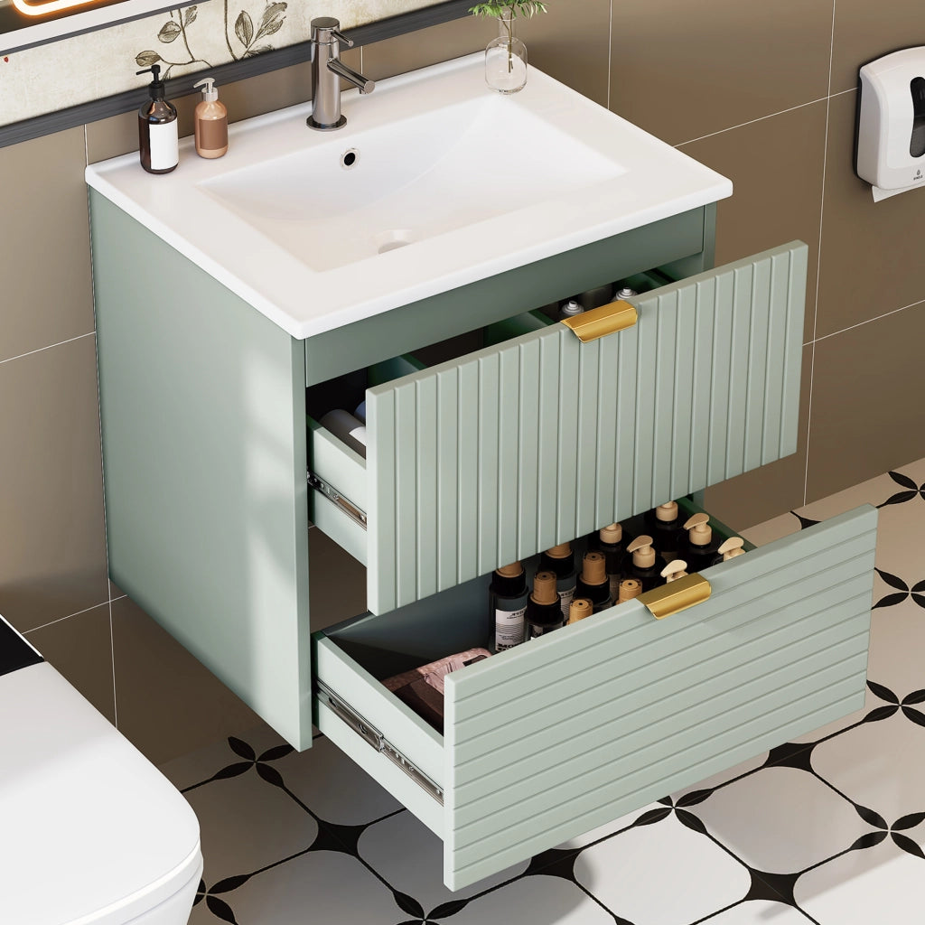 Sottolavabo Sospeso con Lavabo Integrato ¨C MINIMAL ¨C 2 Cassetti, Verde Menta, 61x46x57