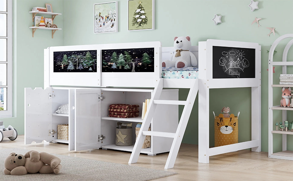 Hochbett bianco con armadi a doppia anta e lavagna integrata in abete MDF compensato 90x200 cm