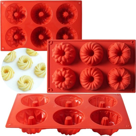 Mini forme di tulband in silicone, 3 pezzi, per torte, biscotti e muffin, con rivestimento antiaderente, rosso