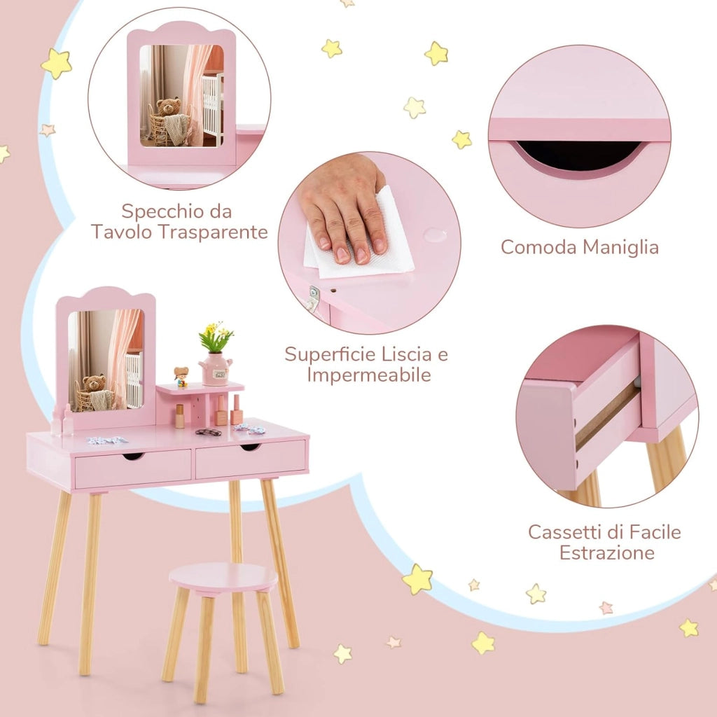 2 in 1 Set Toeletta per Bambini, Postazione Trucco in Legno con Sgabello, Specchio Rettangolare Staccabile e 2 Cassetti Capienti, Ideale per Bambini dai 3 ai 7 Anni, 70 x 37 x 100 cm