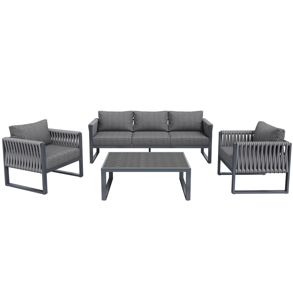 Set da giardino 5 posti - Zephmum - Piedi regolabili, cuscini, struttura in metallo inossidabile, Grigio