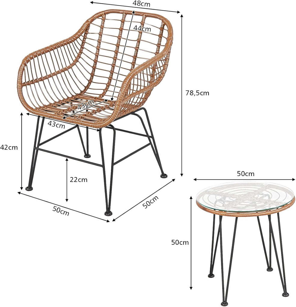 Mobili da Esterno in Vimini con Tavolo Rotondo in Vetro Temperato e 2 Poltrone in Rattan e Cuscini Morbidi, Tavolo e Sedie Moderni per Veranda, Cortile, Giardino e Piscina