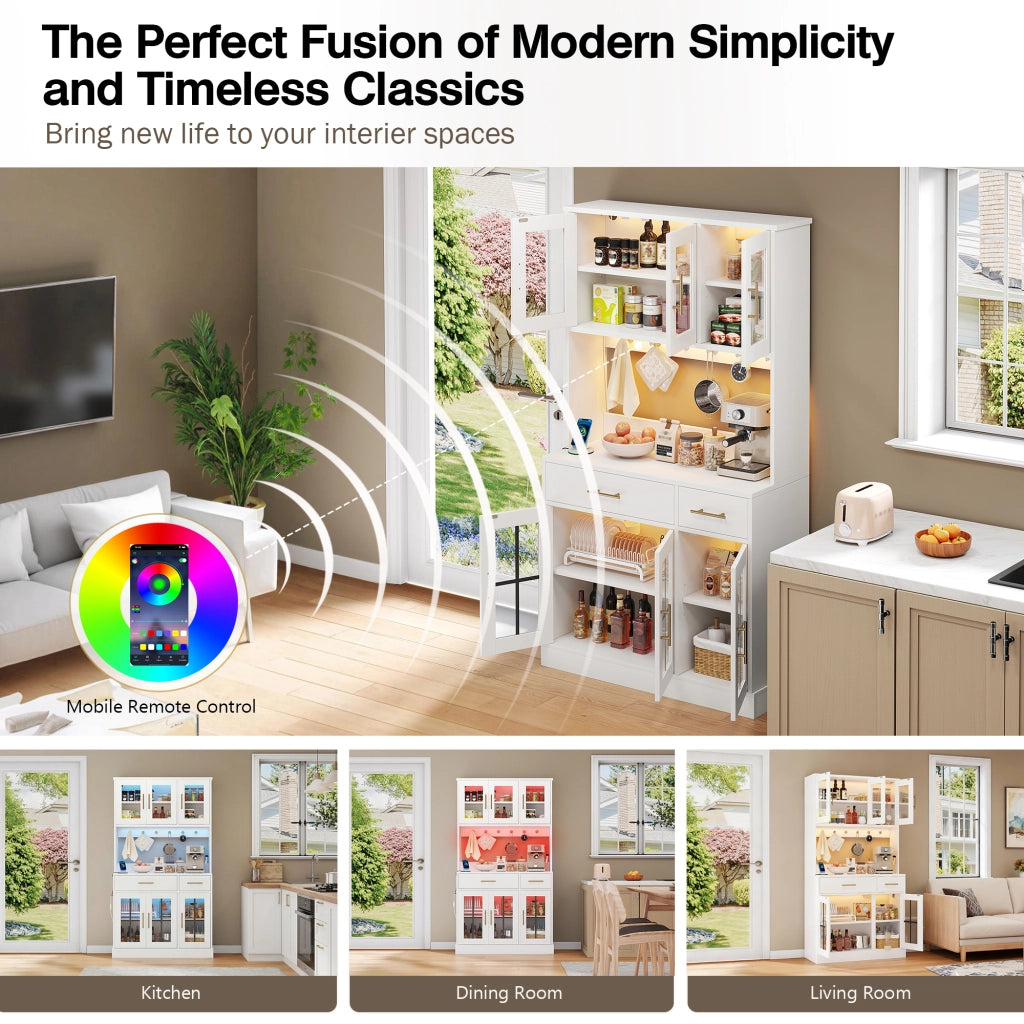 Credenza da cucina con 6 Ante; 2 Cassetti; Ripiani Regolabili e LED; Stile Rustico; in MDF; Bianco