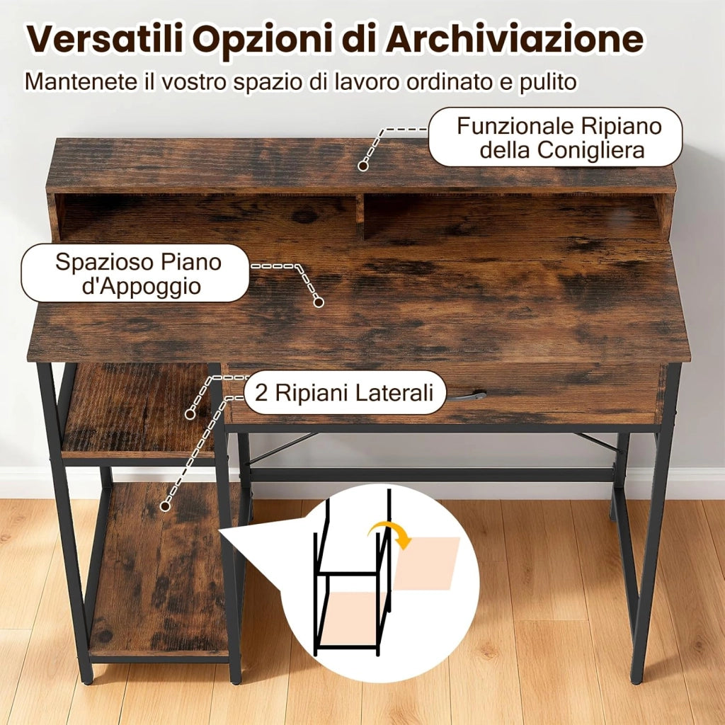 Scrivania Salvasapzio per Computer con Stazione di Ricarica 106 x 48 cm, Mensola sopra Tavolo, Cassetto e Libreria Laterale a 2 Ripiani, Tavolo Industriale per Ufficio e Casa (Marrone Rustico)