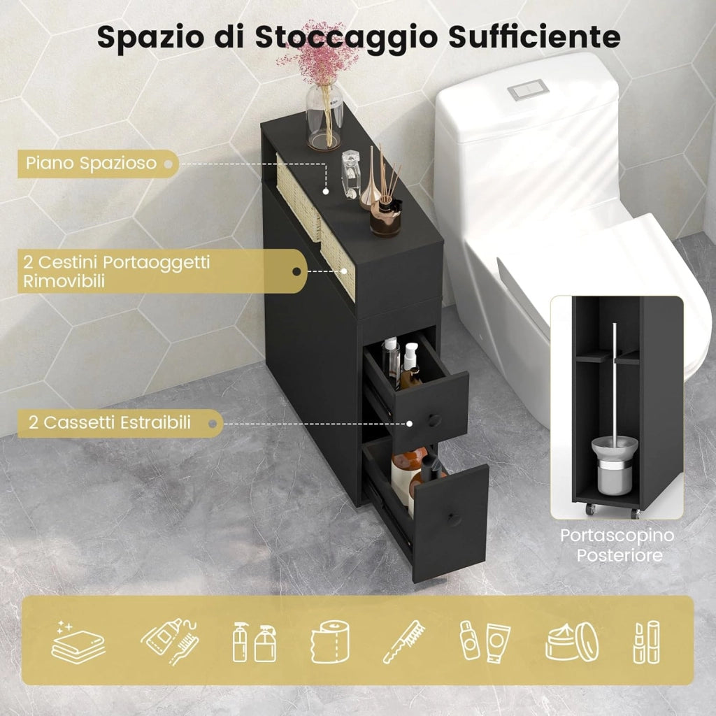 Mobile Bagno 50 x 19 x 72 cm, Arredo Salvaspazio con 2 Cassetti, 2 Cesti in Rattan, Ruote e Ripiani, Armadietto Stretto per Spazi Ridotti, Salotto e Cucina (Nero)