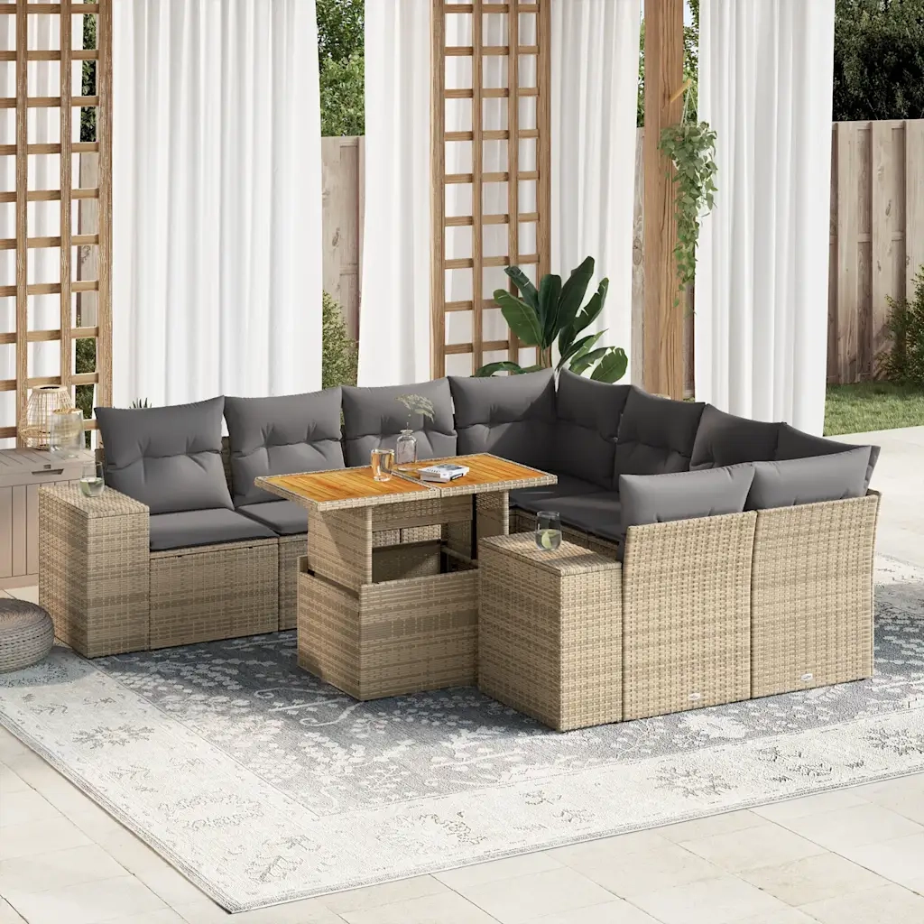 Set Divano da Giardino 9 pz con Cuscini Beige in Polyrattan