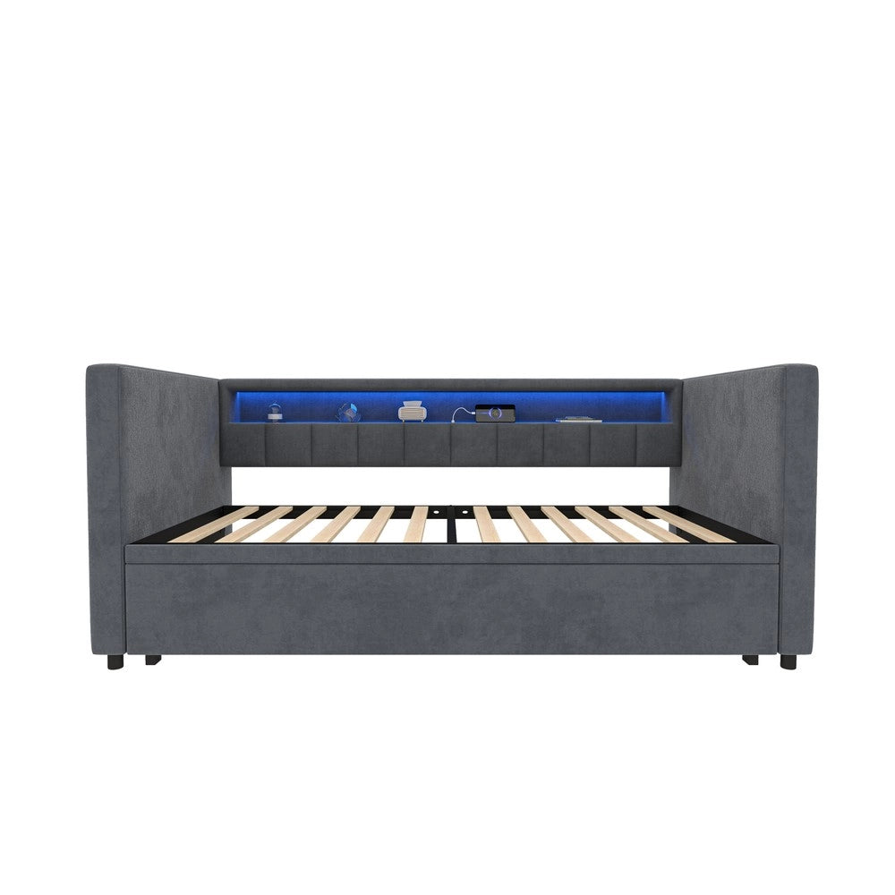 Divano Letto con LED, USB, Velluto Grigio e Contenitore ¨C Xylo ¨C 90x190