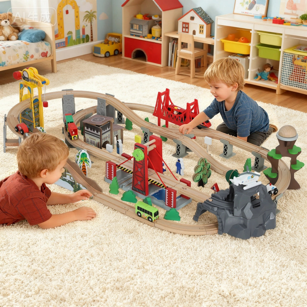Set Ferroviario 100 Pezzi per Bambini 3+ Anni con Gru Magnetica Treni Ponte Elicottero in Legno