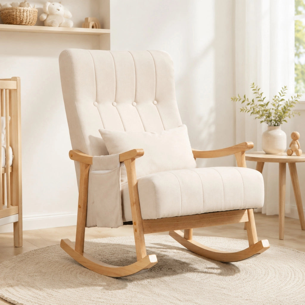 Poltrona a dondolo 65x90x98 cm con tasche laterali e cuscino lombare in poliestere beige