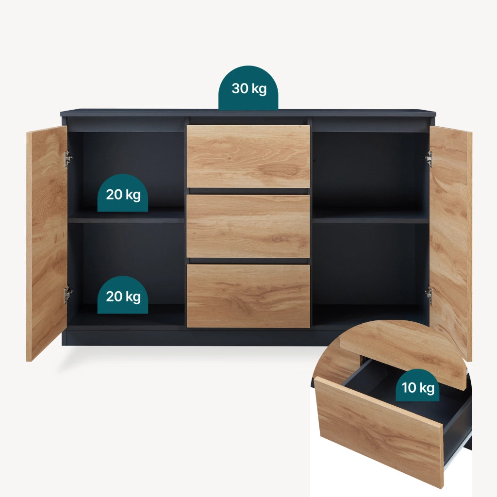 Credenza Mobile Contenitore Kyr Comò con 2 Ante e 3 Cassetti 120 x 35 x 75 cm - Nero/Effetto Rovere Rustico [en.casa]