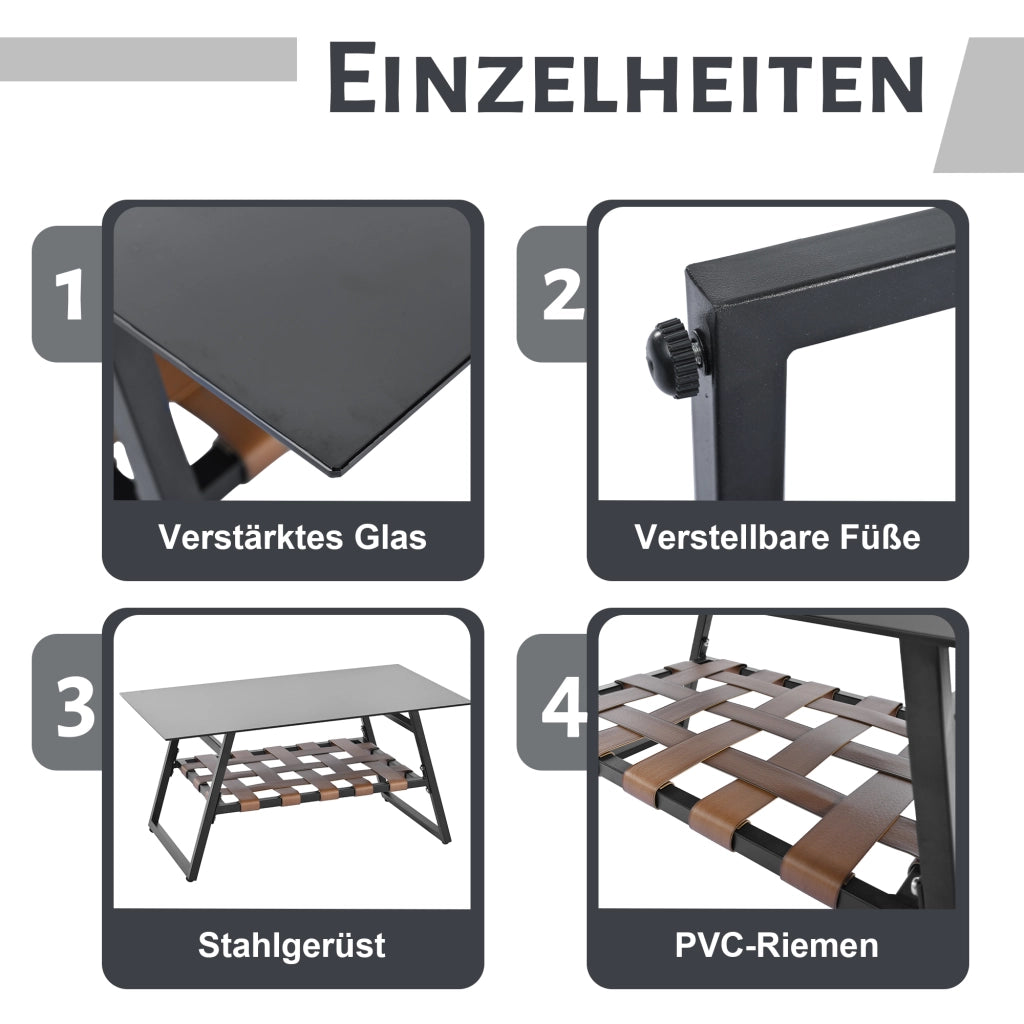 OKWISH Set da 4 mobili da giardino con divano, 2 poltrone, tavolino e cuscini, PVC e acciaio zincato Nero