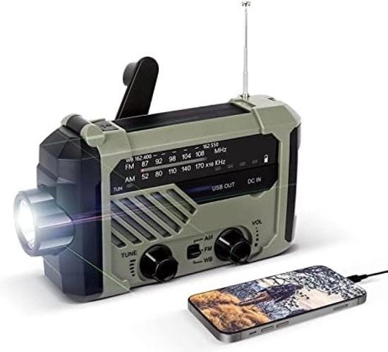 Radio solare, ricevitore AM/FM, radio di emergenza, 2000 mAh, powerbank, ricaricabile via USB, con maniglia, dinamo, lampada a LED, lampada da lettura, allarme SOS per outdoor, escursioni, campeggio, sopravvivenza