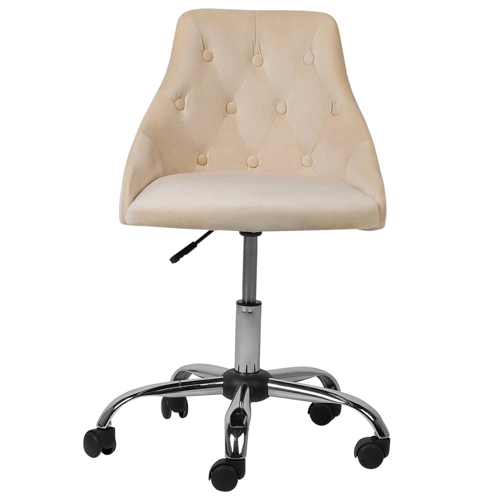 Sedia da ufficio girevole in velluto beige con bottoni regolabili in altezza