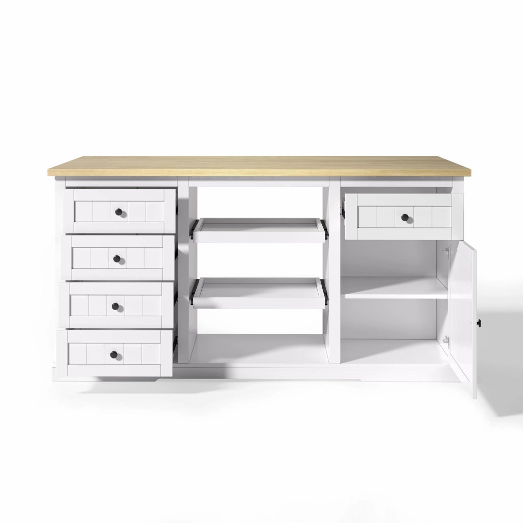Credenza multifunzione con piano ribaltabile, 5 cassetti, 2 ripiani estraibili e prese integrate, 150×65×75,5 cm