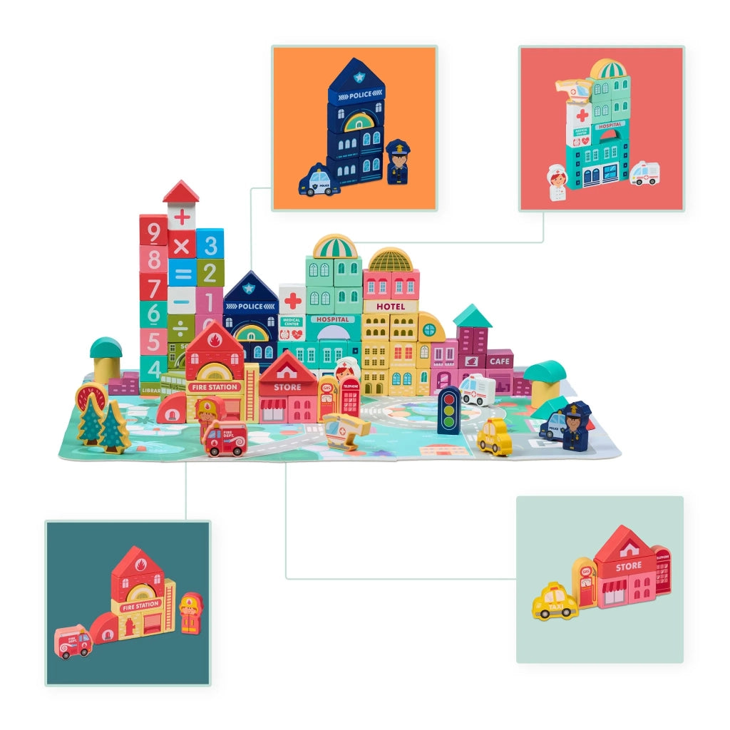 Lotto di 108 blocchi di costruzione città tappeto puzzle 55 x 42 cm stimolatore di immaginazione in MDF multicolore 13_0016116